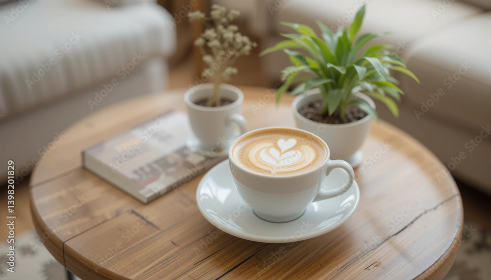 Coffee Serenity on a Wooden Table: A meticulously captured image of a meticulously crafted latte sits gracefully on a wooden table. Coffee Serenity on a Wooden Table: A meticulously captured image of a meticulously crafted latte sits gracefully on a wooden table.