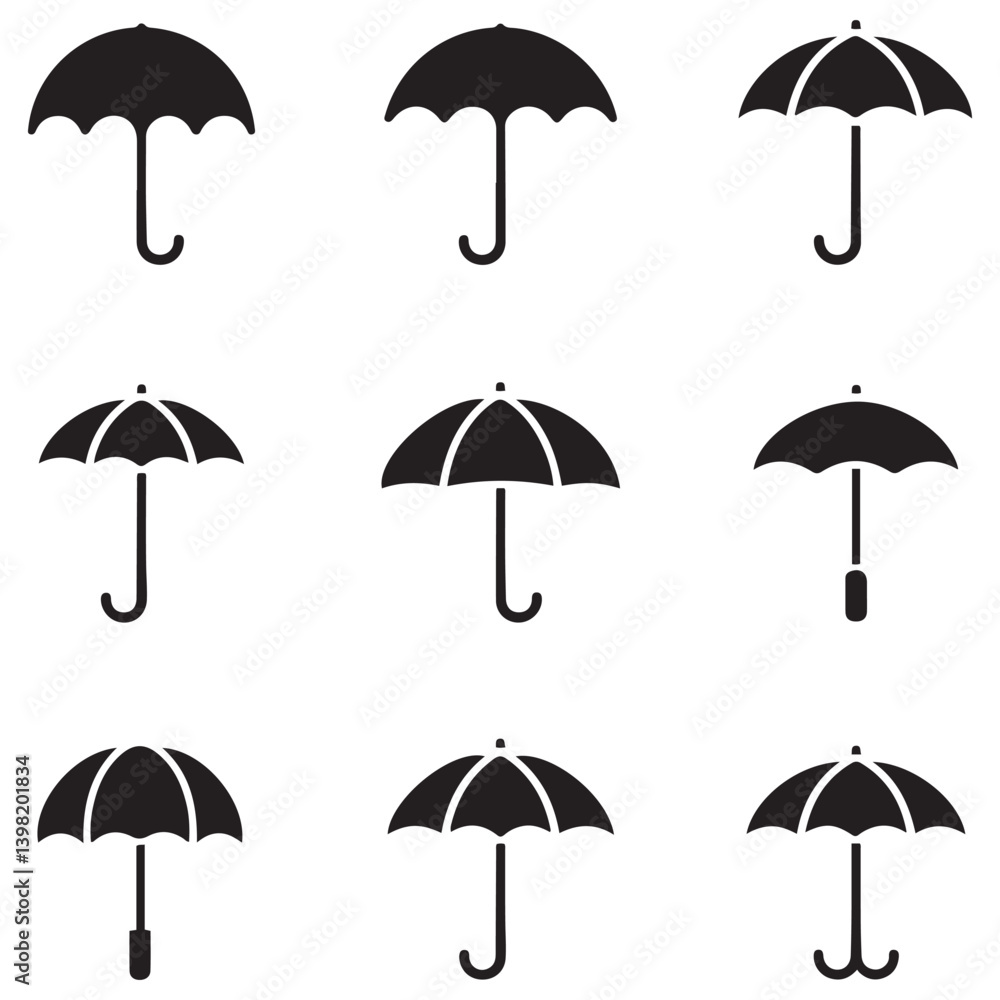 Umbrella simple icon set. Umbrella. Vector Black silhouettes illustration. with white background Umbrella simple icon set. Umbrella. Vector Black silhouettes illustration. with white background