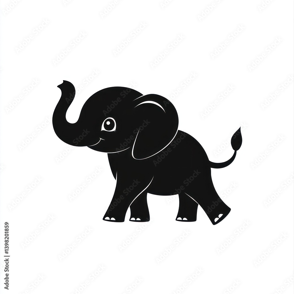 Obraz premium Black elephant silhouette, with trunk up on plain white background. Possible use is children's designs