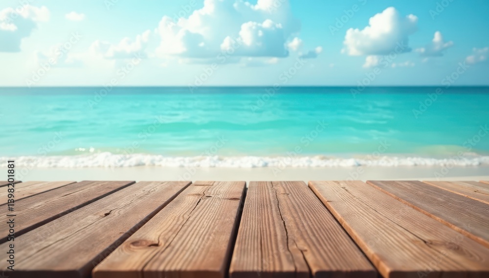 Empty rustic planks, soft-focus beach and sea, copy space, sea, coastal Empty rustic planks, soft-focus beach and sea, copy space, sea, coastal