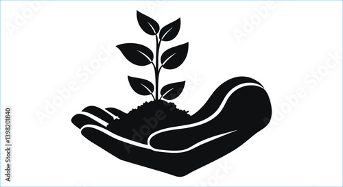 Hand holding growing plant black silhouettes icon vector. Silhouettes of hand nurturing plant vector design
