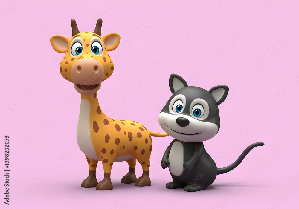 Naklejka premium 3d Cute cartoon animal illustration of a funny farm cow with a baby, isolated and smiling, a fun drawing like a comic art