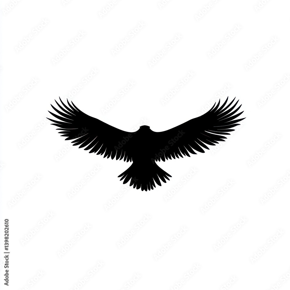 Obraz premium Majestic eagle silhouette soaring, wings spread wide, against white background, for logo design.