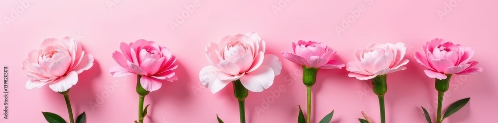 Five delicate pink carnations, soft pink backdrop, pretty, celebration Five delicate pink carnations, soft pink backdrop, pretty, celebration
