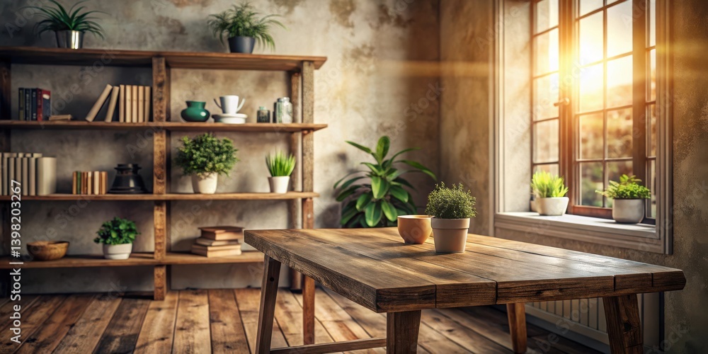 Rustic Interior Design Featuring a Wooden Table, Shelving Unit, and Potted Plants Bathed in Warm Sunlight Rustic Interior Design Featuring a Wooden Table, Shelving Unit, and Potted Plants Bathed in Warm Sunlight