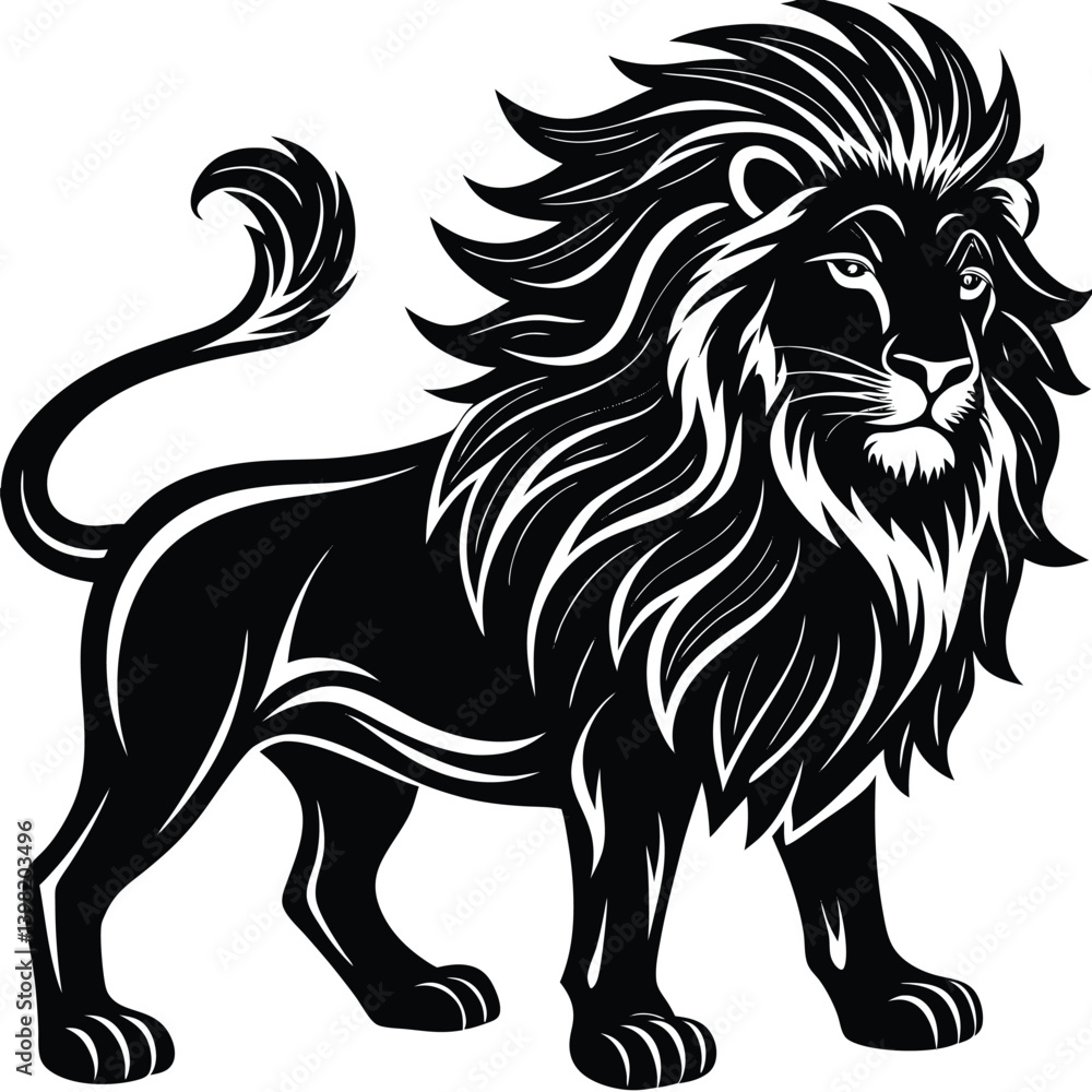 Bold Lion Striking Black and White Feline with Intricate Mane Detail Bold Lion Striking Black and White Feline with Intricate Mane Detail