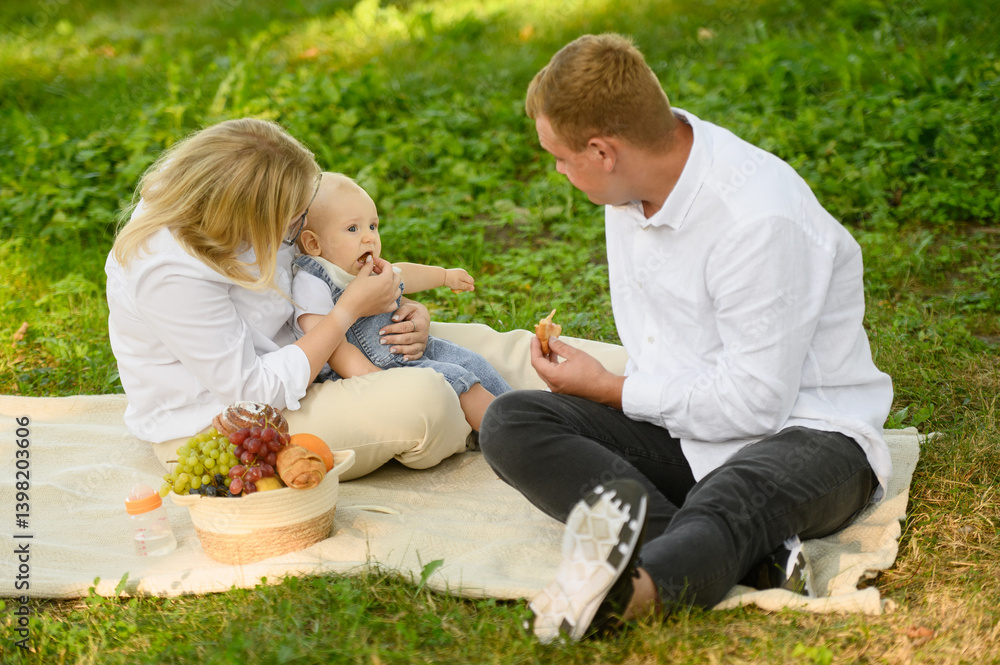 Fototapeta premium Mom, dad and baby enjoy food, picnic in park, eat fruits, feed microdoses to baby. Family leisure, summer vacation and picnic concept