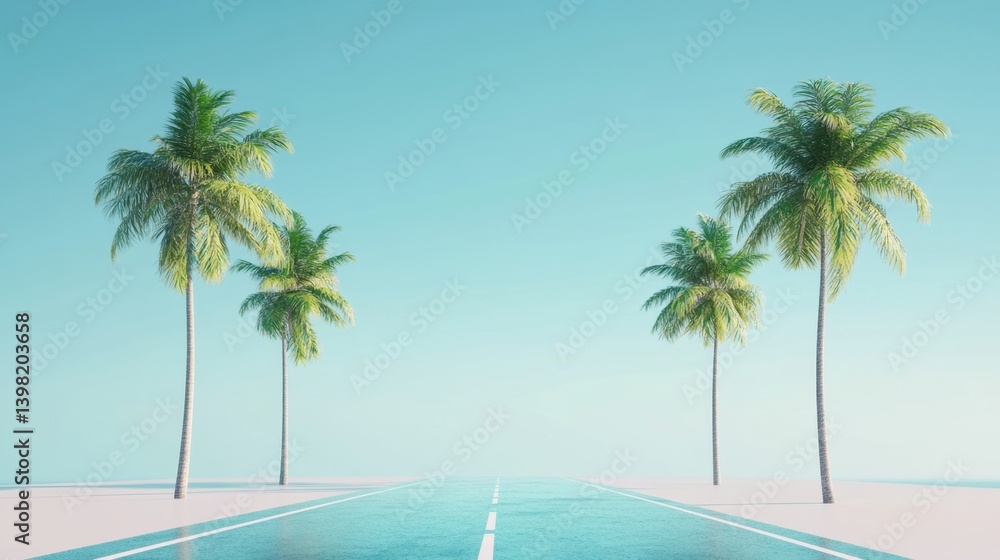 a minimalistic summer scene with a straight road flanked by tall tropical palm trees under a clear turquoise sky