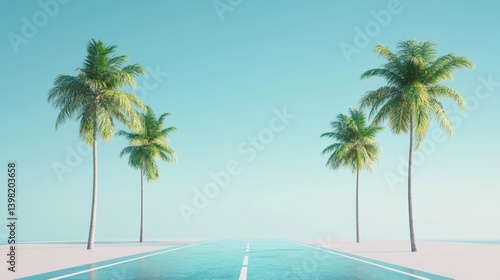 Obraz na płótnie a minimalistic summer scene with a straight road flanked by tall tropical palm trees under a clear turquoise sky w salonie