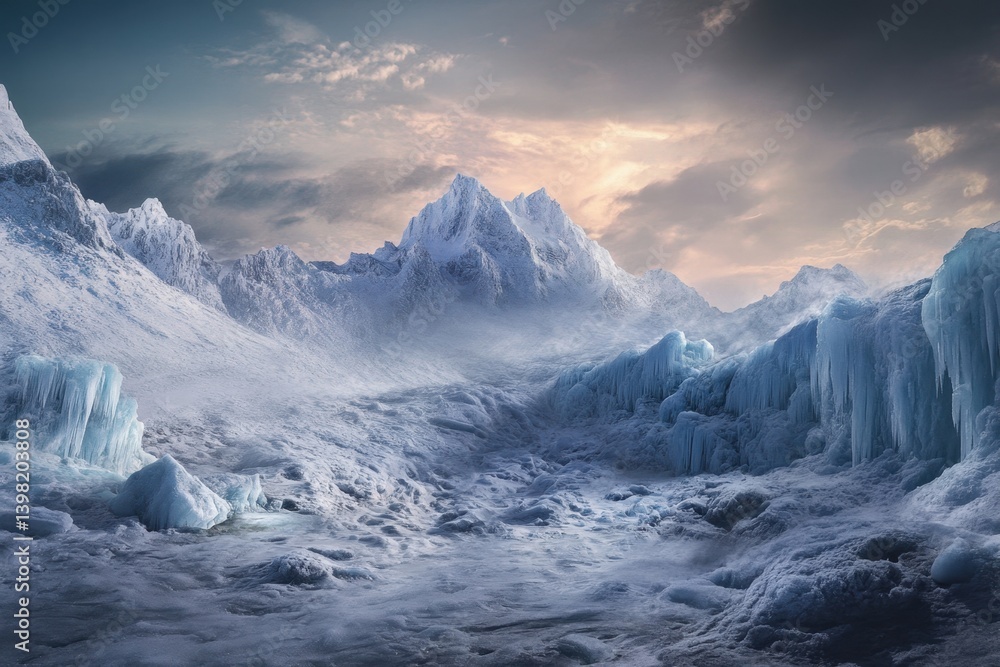 Obraz premium Majestic icy landscape with towering mountains under a cloudy sky