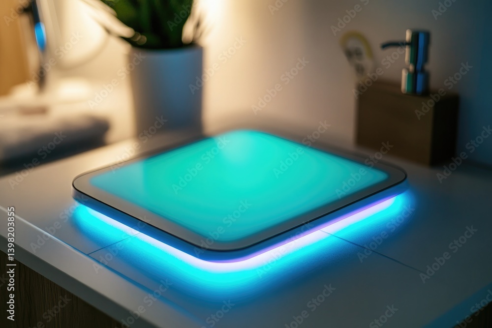 Illuminated bathroom counter with plant, soap dispenser, and glowing square light fixture on top Illuminated bathroom counter with plant, soap dispenser, and glowing square light fixture on top