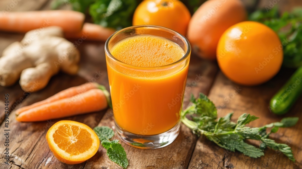 a glass of fresh orange carrot juice on a rustic wooden table, surrounded by carrots, oranges, ginger, mint, and greenery