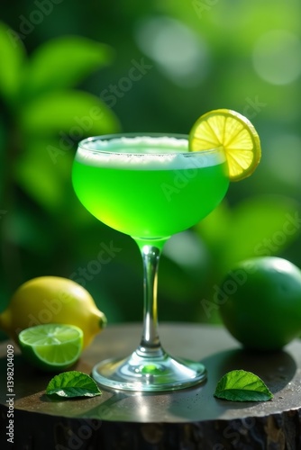 Vibrant green cocktail surrounded by lush trees, greenery, eco-friendly, vibrant