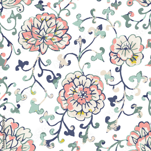 Watercolor style chinoiserie seamless pattern. Ginger jar variegated floral repeat design. Chinese traditional art print.