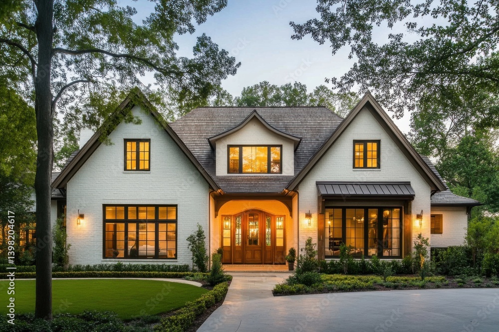 Beautiful modern home exterior during twilight with warm lights and lush landscaping in a serene residential neighborhood Beautiful modern home exterior during twilight with warm lights and lush landscaping in a serene residential neighborhood