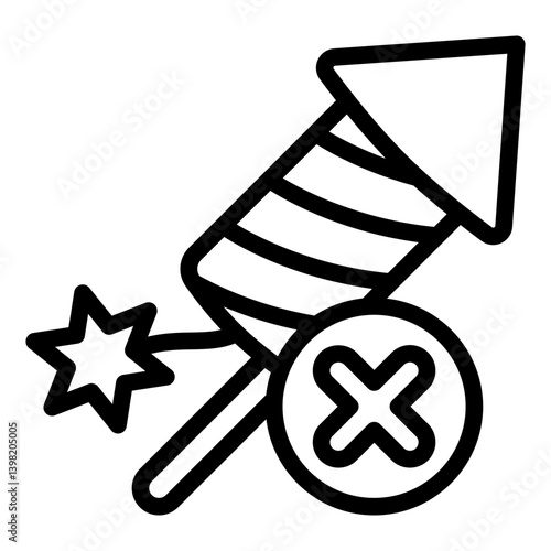 Firecracker rocket stick ban line icon, prohibited items concept. Vector graphics. Fireworks burning forbidden sign on white background, style mobile or design.