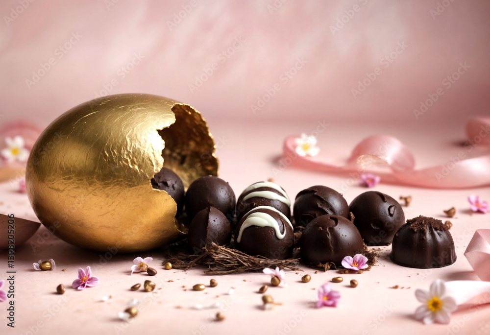 Golden Easter Egg with Gourmet Chocolate Truffles on Pink Background