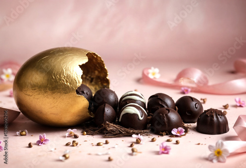 Obraz na płótnie Golden Easter Egg with Gourmet Chocolate Truffles on Pink Background w salonie