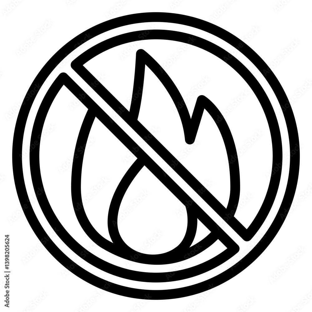 Flame, burning fire ban line icon, prohibited elements concept. Vector graphics. Open fire flame forbidden sign on white background, style mobile or design. Flame, burning fire ban line icon, prohibited elements concept. Vector graphics. Open fire flame forbidden sign on white background, style mobile or design.