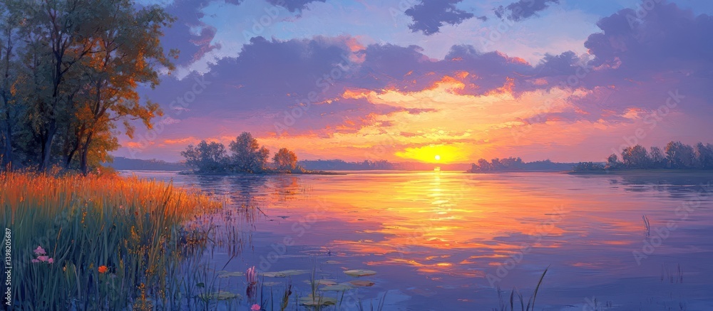Naklejka premium Serene Sunset Over Calm Lake