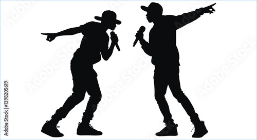 Rappers singing with microphones vector silhouettes. Two rappers holding microphones black silhouettes
