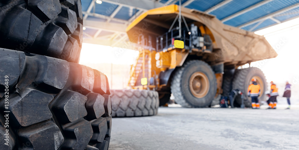 Maintenance fix service of industry truck, banner. Replacing tires on wheels of mining dump car in garage