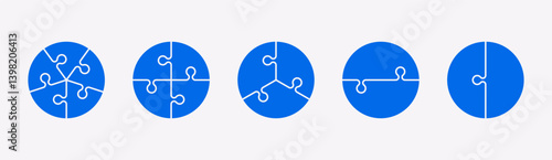 Puzzle pieces in a circle shape isolated. Vector illustration. Jigsaw puzzle game. Blue color. Five, four, three or two components.