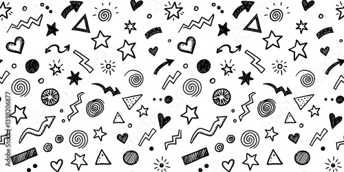 Hand-drawn black doodle seamless pattern background featuring abstract shapes triangles, stars, hearts, spirals, zig-zags, arrows, and circles in a scattered line art style