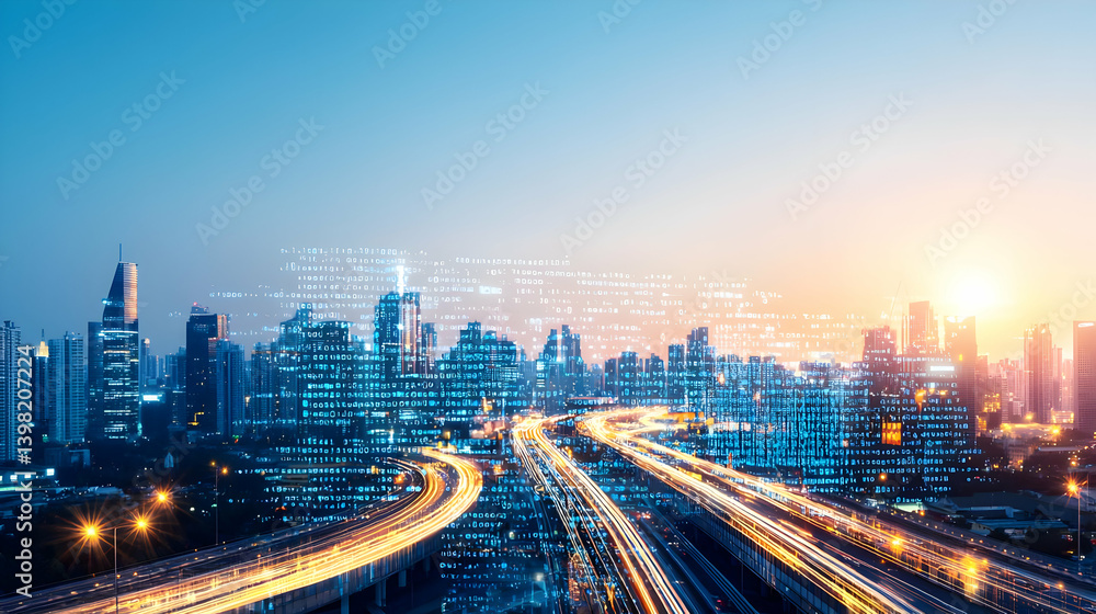 Digital Networked City Skyline At Sunset