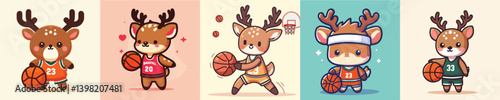 cute deer playing basketball vector collection