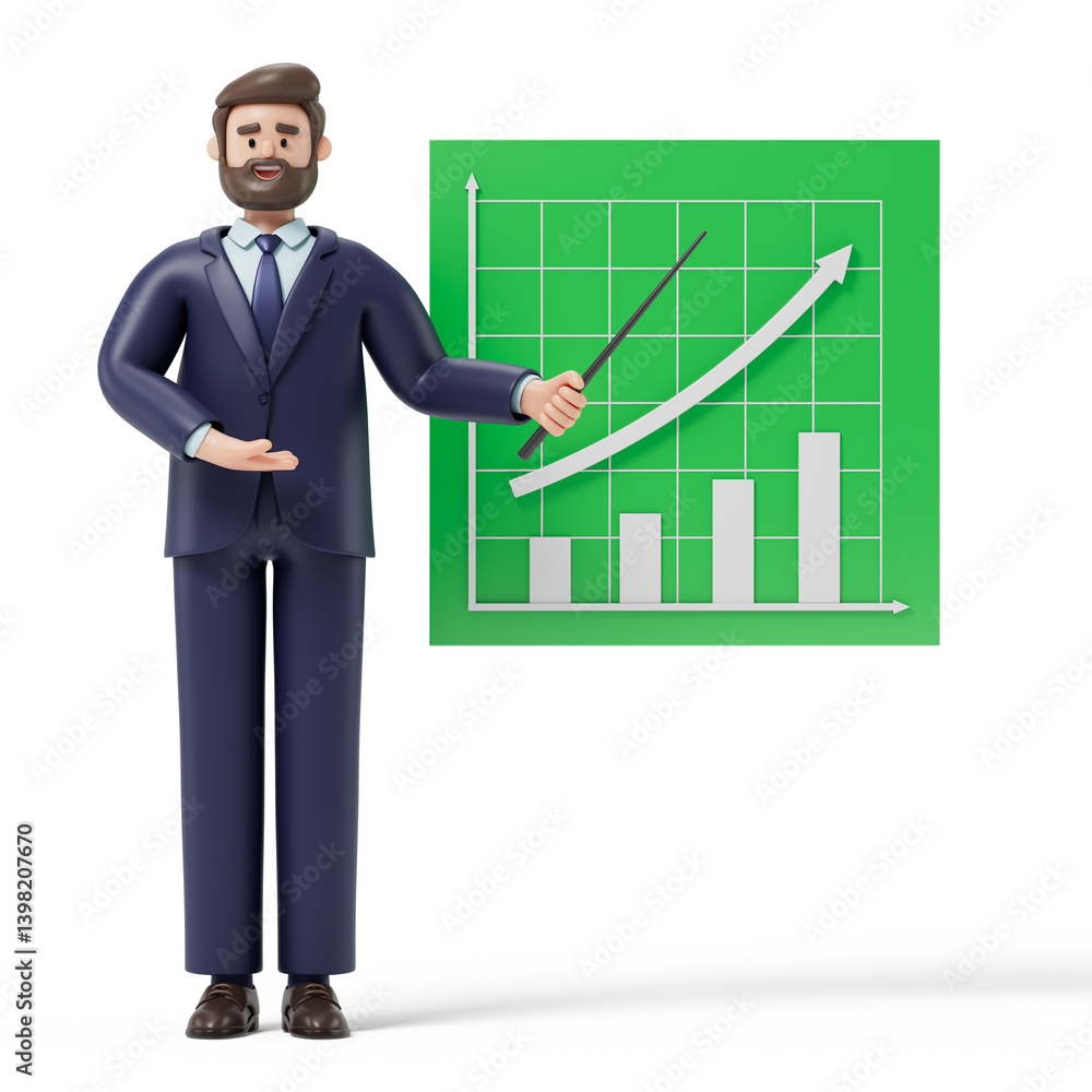 A man points to a green chart with a rising arrow and bar graph, symbolizing growth, progress, or success in business. 3D rendering, conceptual image. Isolated on white background. A man points to a green chart with a rising arrow and bar graph, symbolizing growth, progress, or success in business. 3D rendering, conceptual image. Isolated on white background.