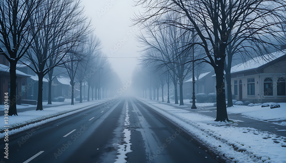 A cold morning street scene with fog hiding everything beyond A cold morning street scene with fog hiding everything beyond
