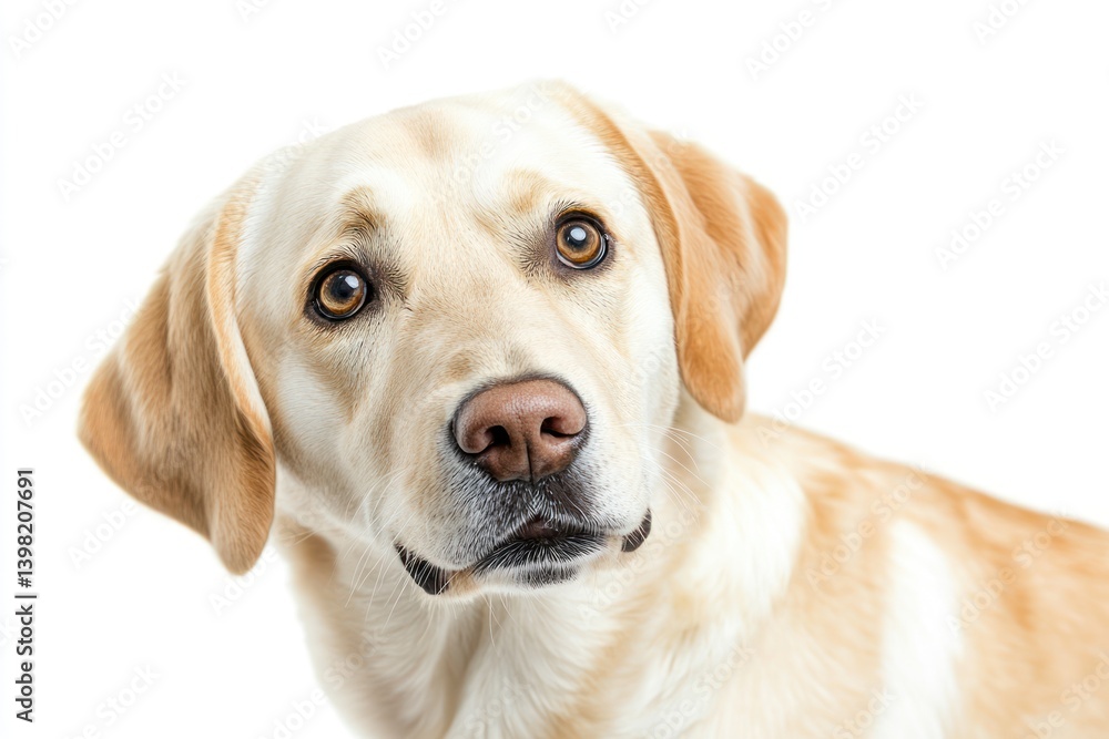 Yellow Labrador Retriever dog portrait, curious gaze, white background, pet adoption Yellow Labrador Retriever dog portrait, curious gaze, white background, pet adoption