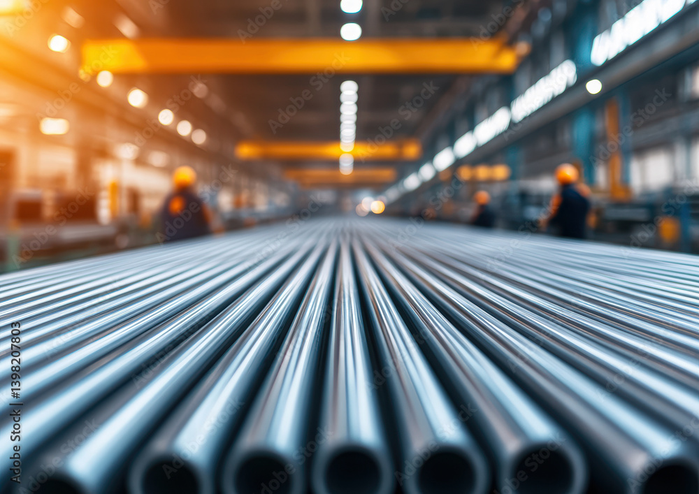Industrial view of metal pipes arranged in a factory setting with workers in the background. Industrial view of metal pipes arranged in a factory setting with workers in the background.