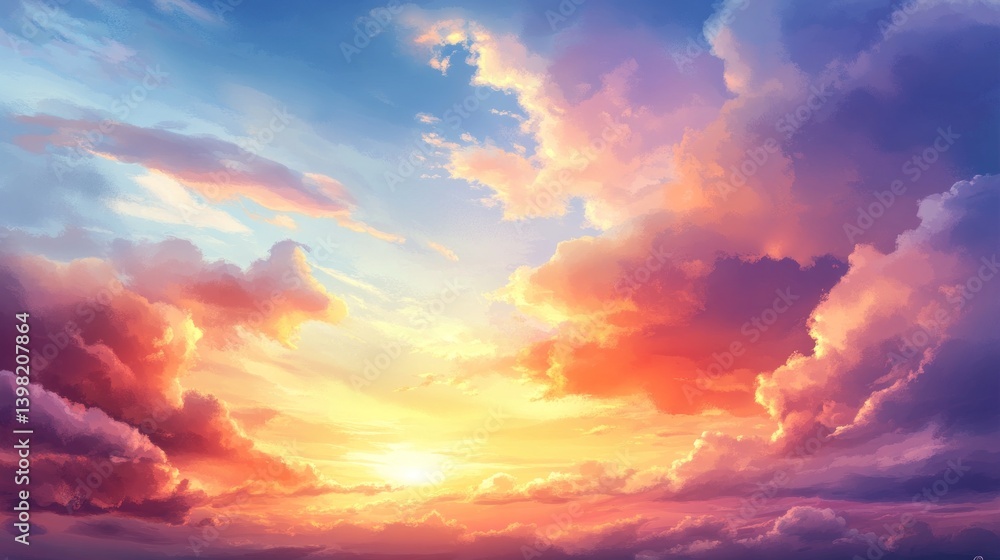 Obraz premium Vibrant sunset painting featuring colorful clouds in the sky atmosphere