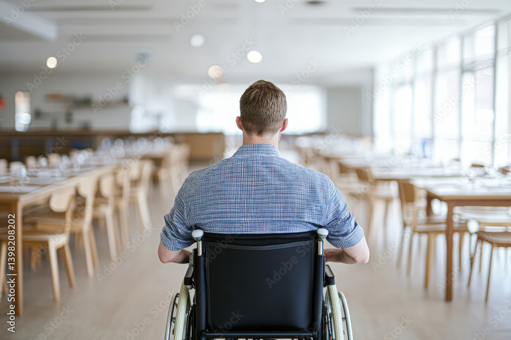 A man in a wheelchair gazes at a spacious, empty restaurant filled with wooden chairs and soft lighting. A man in a wheelchair gazes at a spacious, empty restaurant filled with wooden chairs and soft lighting.