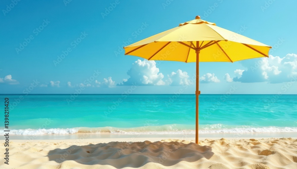 Large beach umbrella anchored in golden sand near turquoise water, image, vacation Large beach umbrella anchored in golden sand near turquoise water, image, vacation
