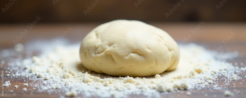 Lightly floured surface, soft dough ball, ready to bake, close-up, texture Lightly floured surface, soft dough ball, ready to bake, close-up, texture