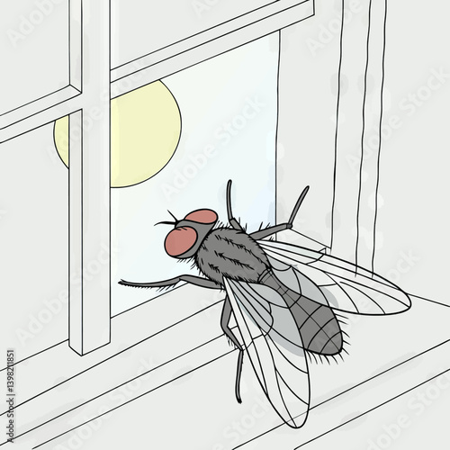 Cartoon Fly on Window_Annoying Insect Illustration_Pest Control Awareness_Household Problems_Drawn Image of Fly_Home Insect Issues_Fly Buzzing Near Glass_Humorous Bug Picture