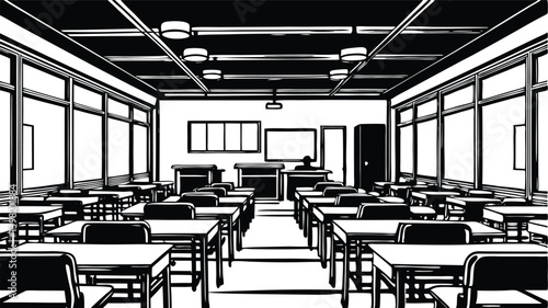 Empty Classroom Black and White Illustration