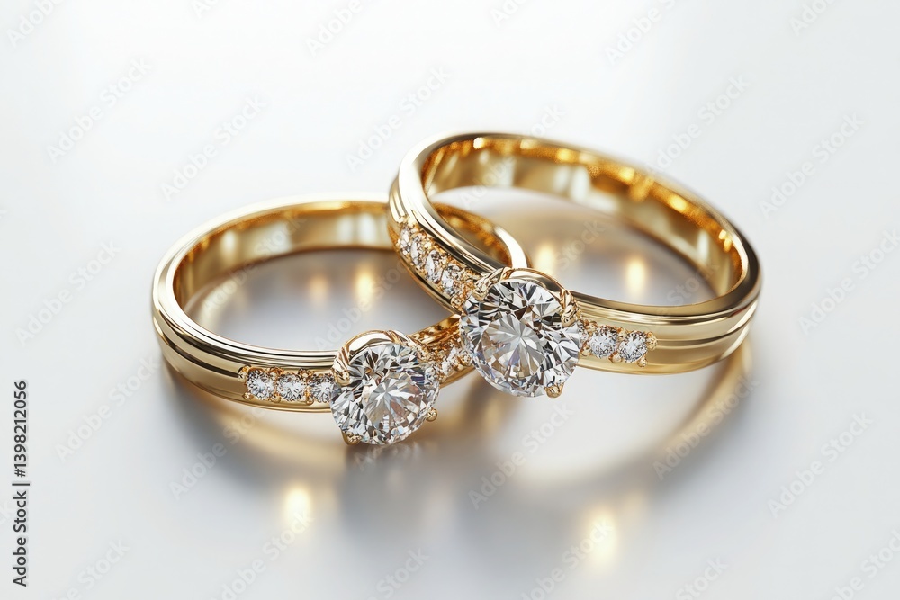 Two gold wedding rings with diamonds on a white surface showcasing elegance and commitment together Two gold wedding rings with diamonds on a white surface showcasing elegance and commitment together