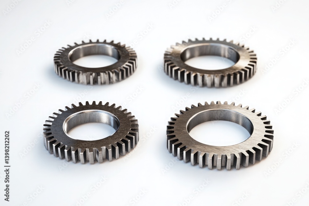 Four metal gears arranged in a square pattern on a white surface showcasing industrial precision parts Four metal gears arranged in a square pattern on a white surface showcasing industrial precision parts