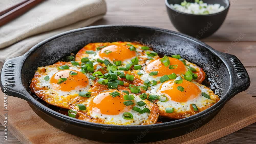 A cast-iron skillet filled with fried eggs topped with green onions, showcasing a delicious and hearty breakfast dish. A cast-iron skillet filled with fried eggs topped with green onions, showcasing a delicious and hearty breakfast dish.