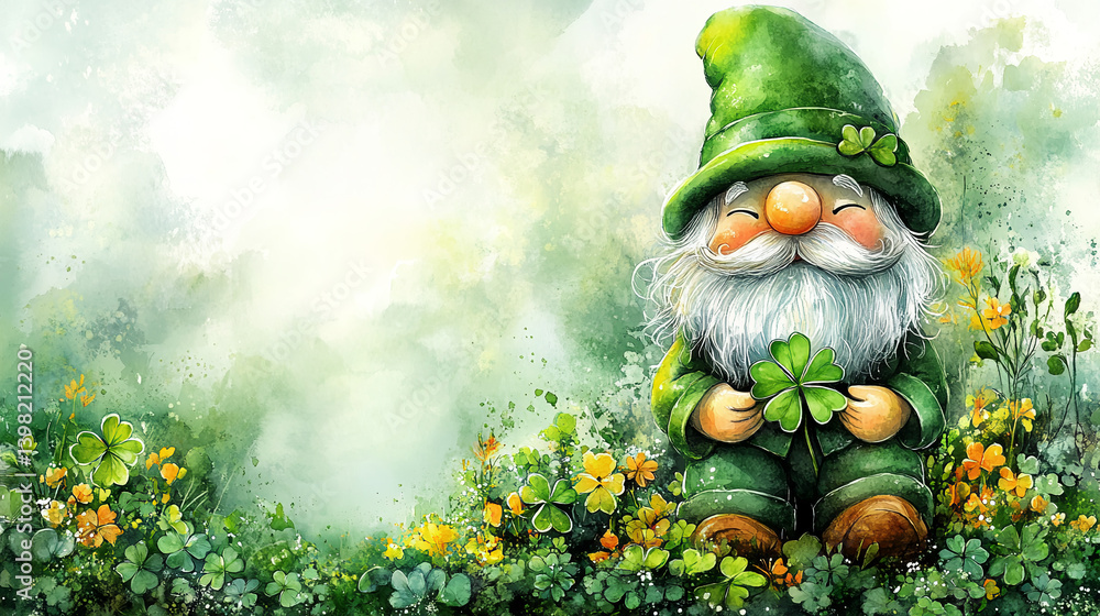 Whimsical Gnome Holding Shamrock in Clover Field Whimsical Gnome Holding Shamrock in Clover Field