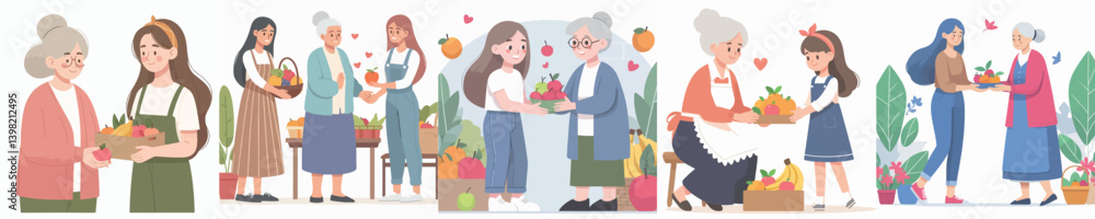 vector grandmother and young woman sharing fruit vector grandmother and young woman sharing fruit