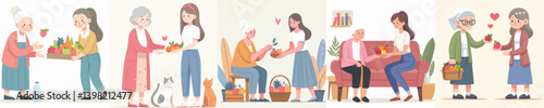 vector grandmother and young woman sharing fruit