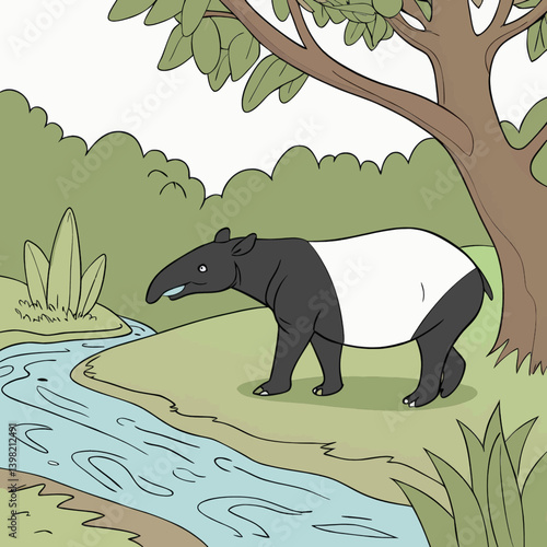 Cartoon Tapir By Jungle River