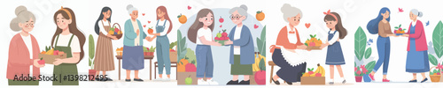 vector grandmother and young woman sharing fruit