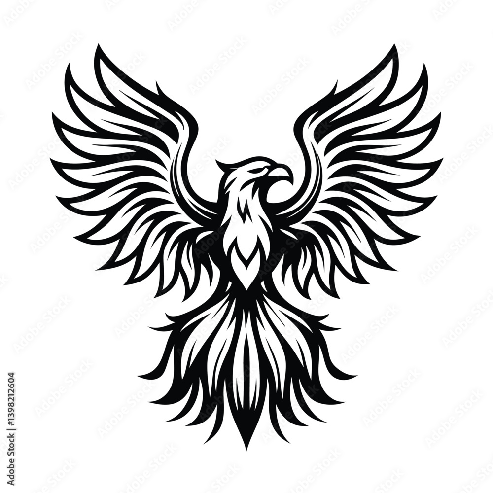 Fototapeta premium Stylized Black Phoenix with Spread Wings, Minimalist Tattoo Design, Symbol, Isolated