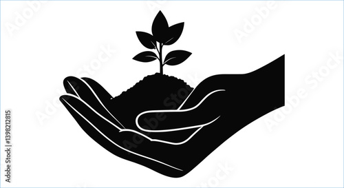 Black hand with soil and leafy plant silhouettes vector. Nature protection hand holding sapling vector art
